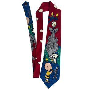 Peanuts Men's 100% Silk Necktie Worlds Greatest Fisherman Snoopy  Charlie Brown